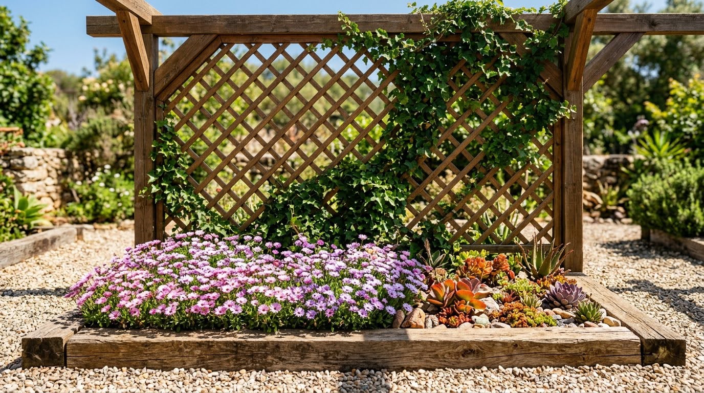 Canteiro cuidado com flores junto a uma pérgola