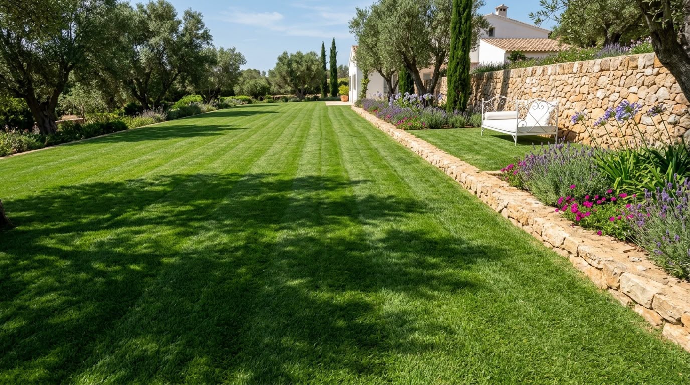 Relvado cuidado num jardim espaçoso
