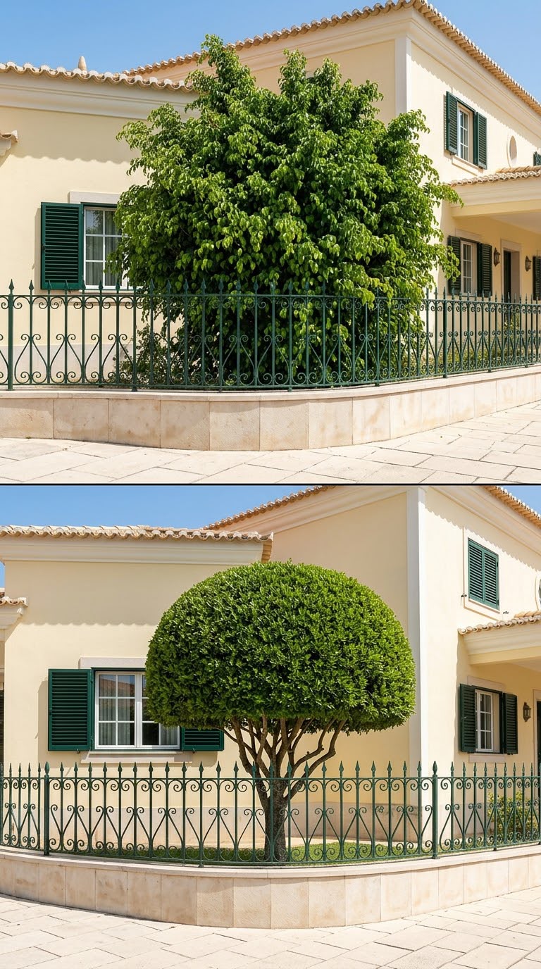 Árvore antes e depois da poda